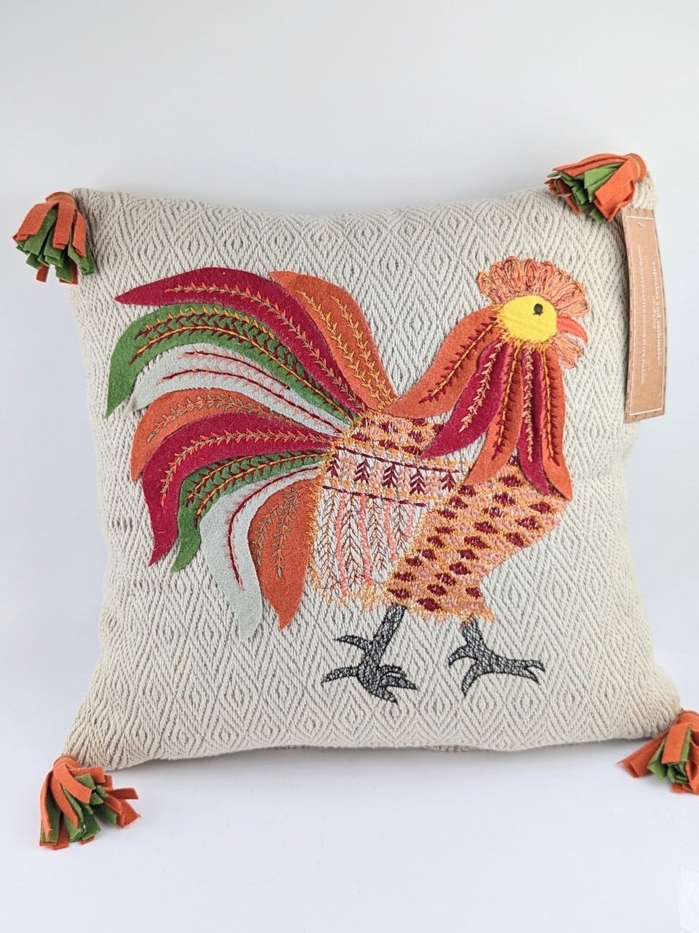 Embroidered Rooster Multicolor Throw Pillow With Removable Cover 16"x16"